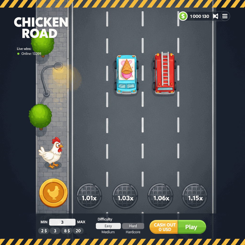 Chicken Road di InOut: una gallina cartoon attraversa una strada a più corsie vista dall'alto, con moltiplicatori visualizzati su tombini circolari in ogni corsia, sfondo urbano notturno con lampioni e alberi
